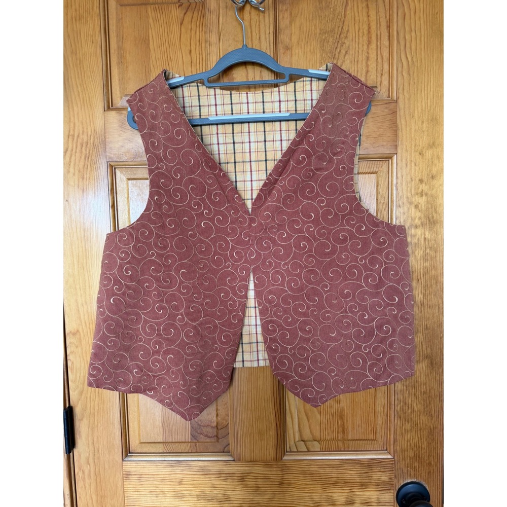 Handmade Reversible Vest Terracotta Swirl Plaid Tan Red Green Women L